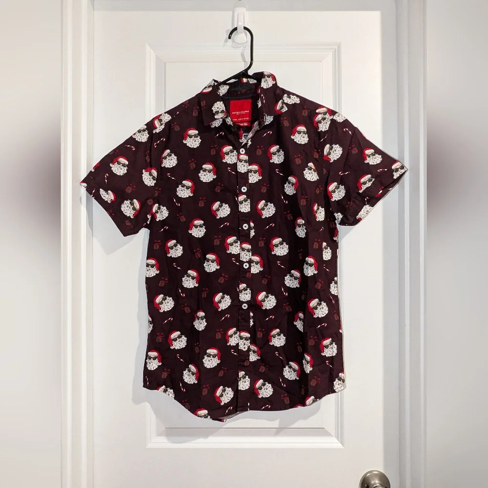 Denim & Flower 100% Cotton Santa Button Down Short Sleeve Shirt Size Small